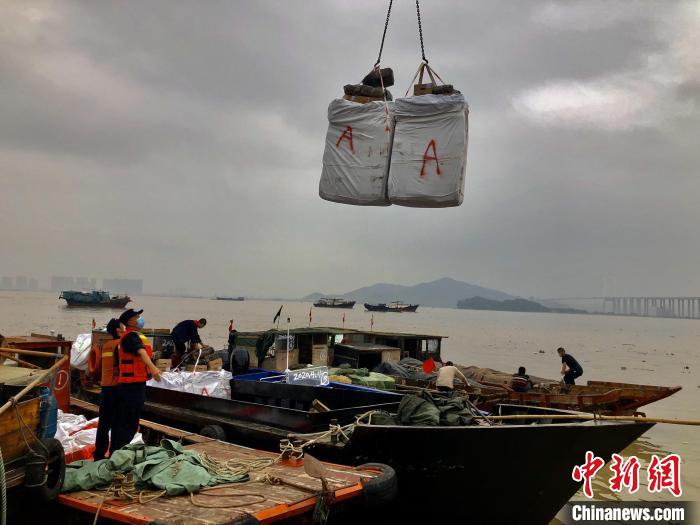 广州海关缉私警察组织吊装清点所查获的走私冻品 关悦 摄