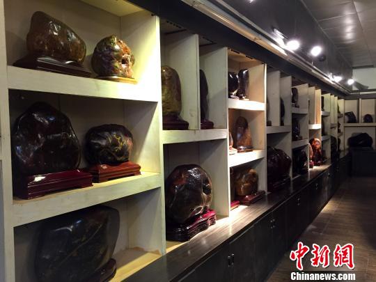 图为桂林一家奇石馆内的鸡血玉藏品。　杨陈摄