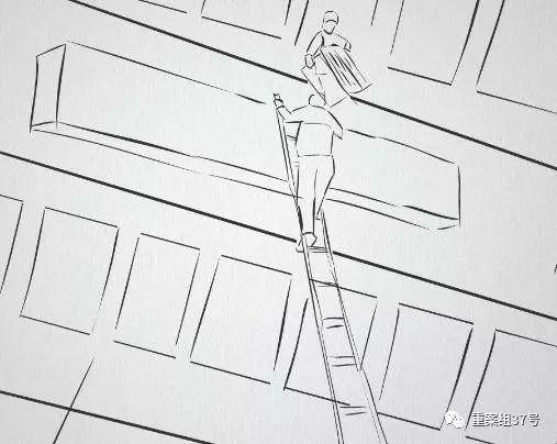 ▲安装工人通过梯子登上建筑物安装、拆除广告牌。 新京报动新闻模拟图